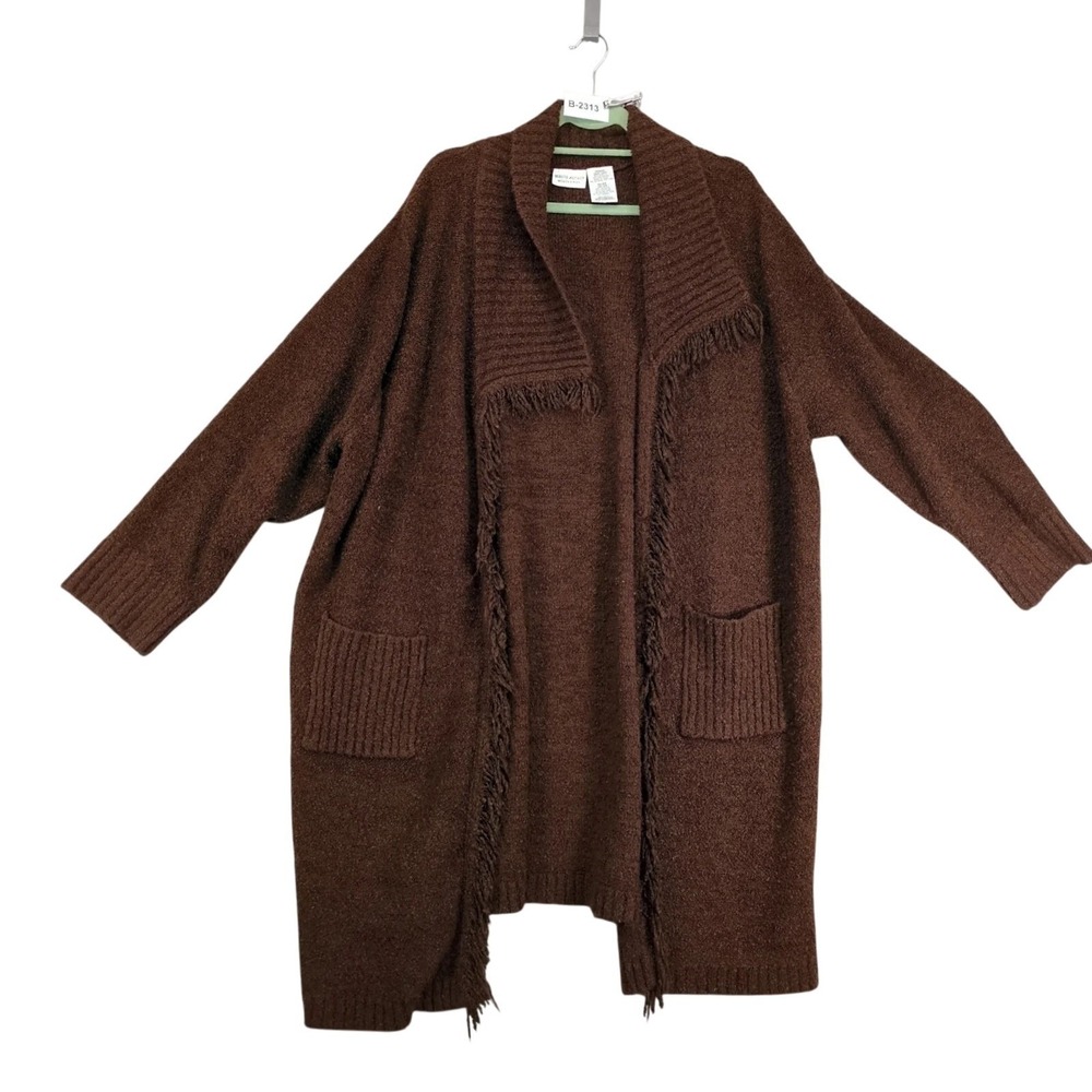 White Stag Brown Long Open Cardigan Sweater Womens 26W/28W Fringe Pockets Boho